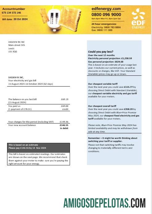 Reino Unido EDF Energia, Eletricidade e Gás Business Utility Bill Formatos Word e PDF, Versão 2 baixar para verificação